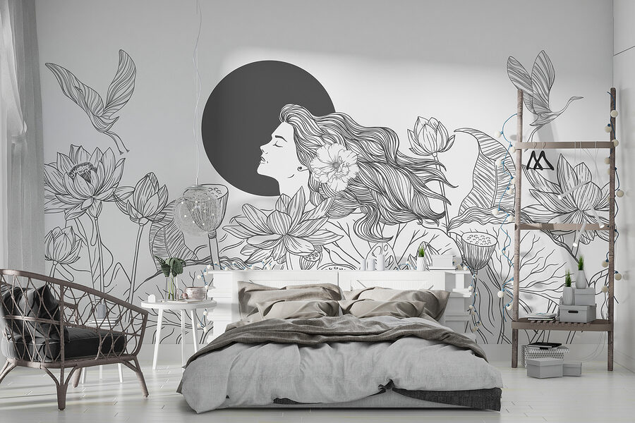 Wall murals Woman with long hair and flowers