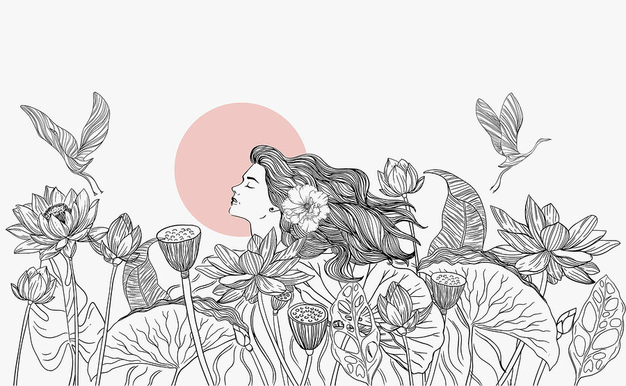 Drawing of a woman with long hair and flowers