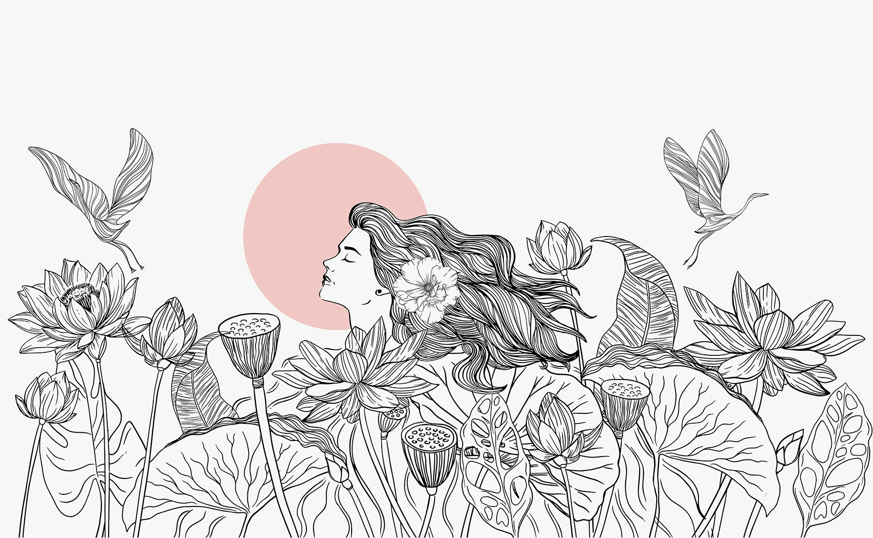 Drawing of a woman with long hair and flowers