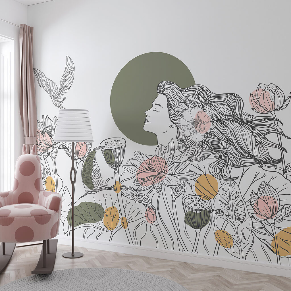 Woman with long hair and flowers
