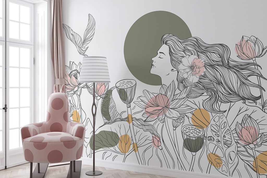 Woman with long hair and flowers