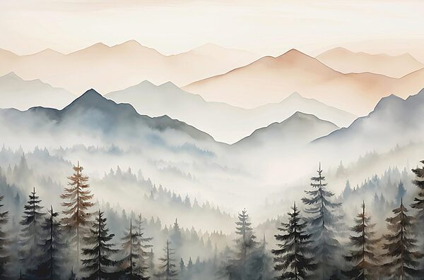 Landscape of mountains with trees and fog Landscape of mountains with trees and fog