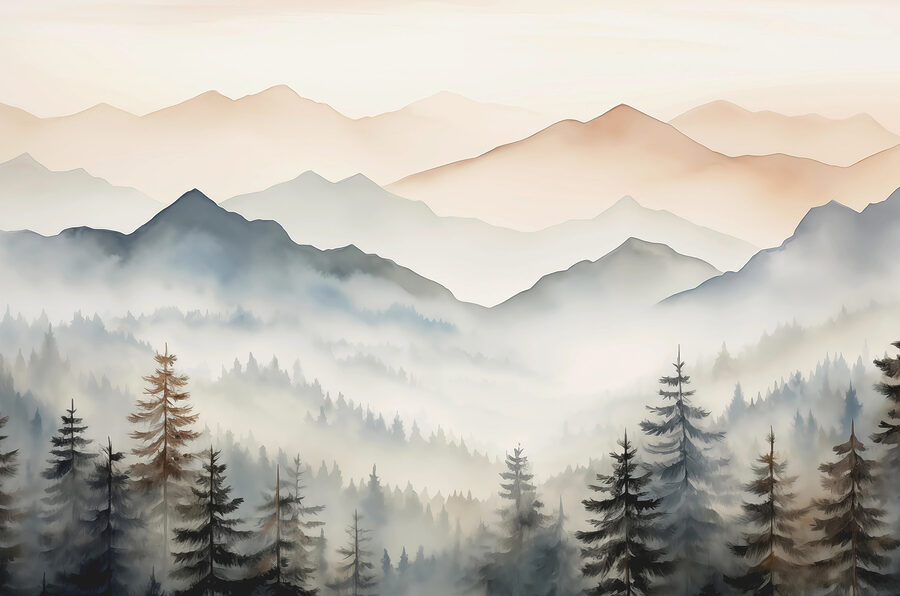 Landscape of mountains with trees and fog Landscape of mountains with trees and fog