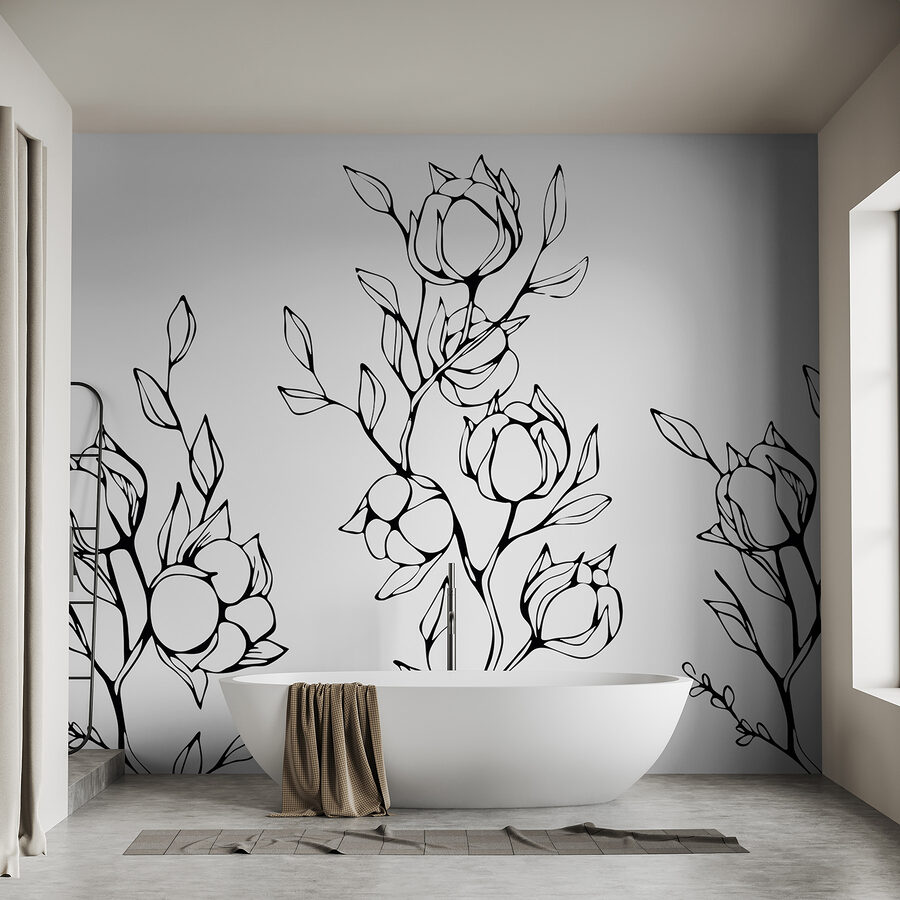 Wall murals Black and white drawing of flowers and leaves
