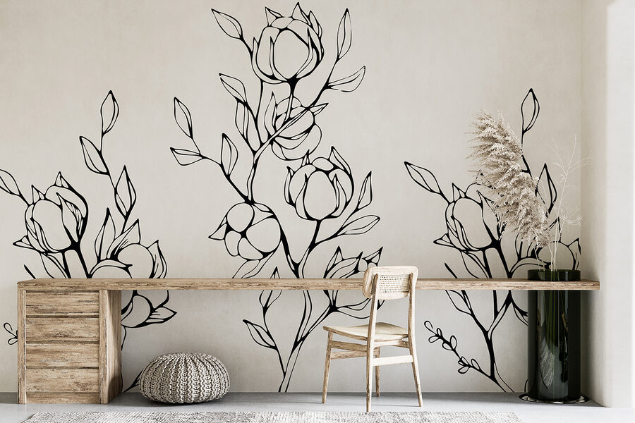 Wall murals Black and white drawing of flowers and leaves - Image 2