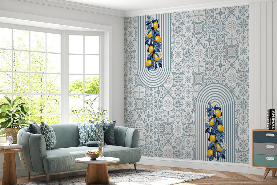 Pattern of fruit on a white and blue background