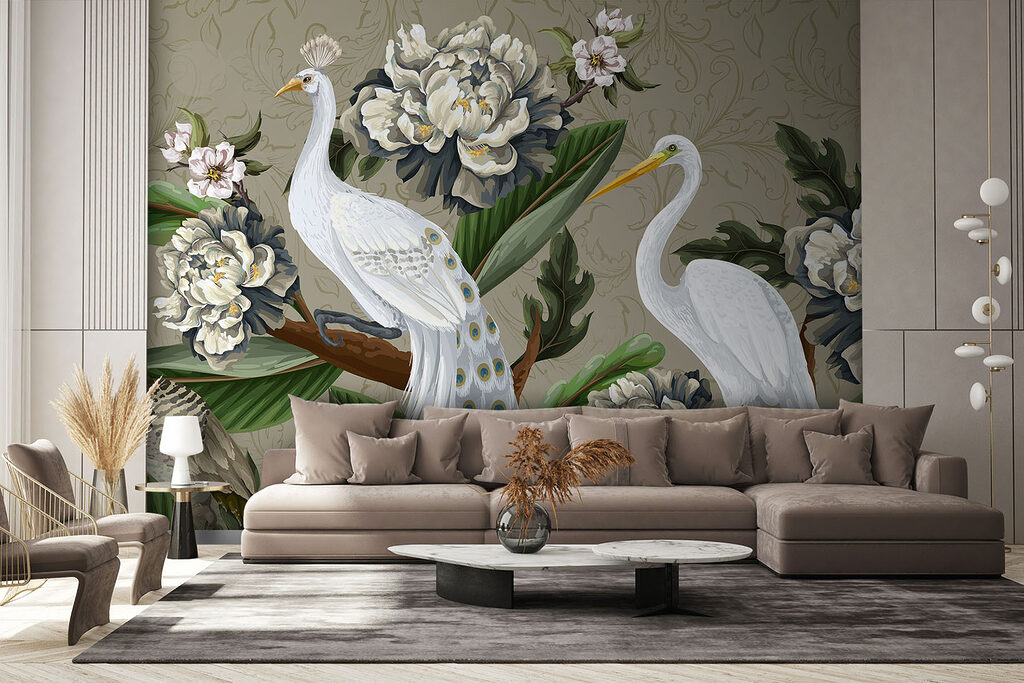 Wallpaper with birds and flowers