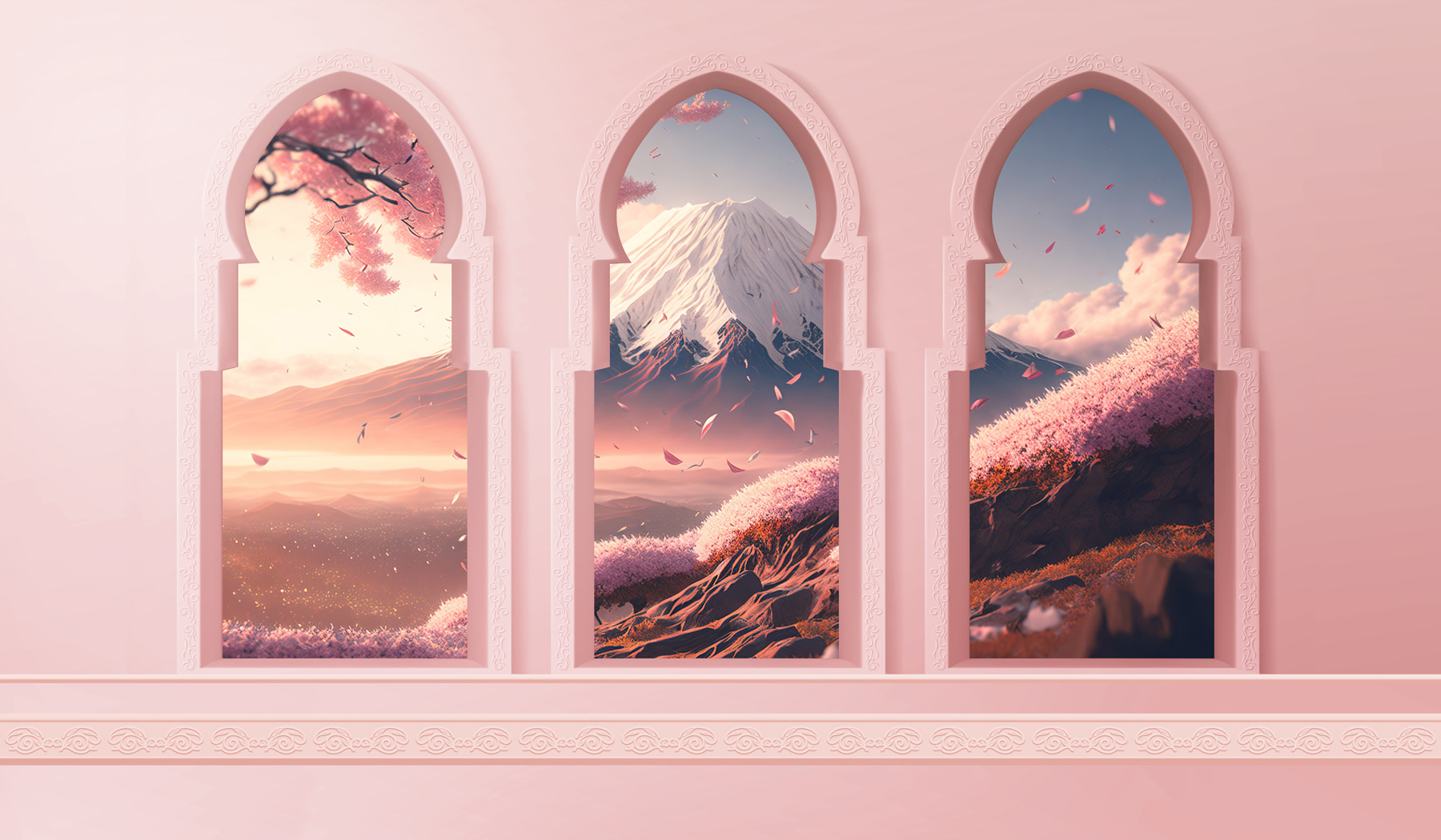 Three arched windows with a mountain view