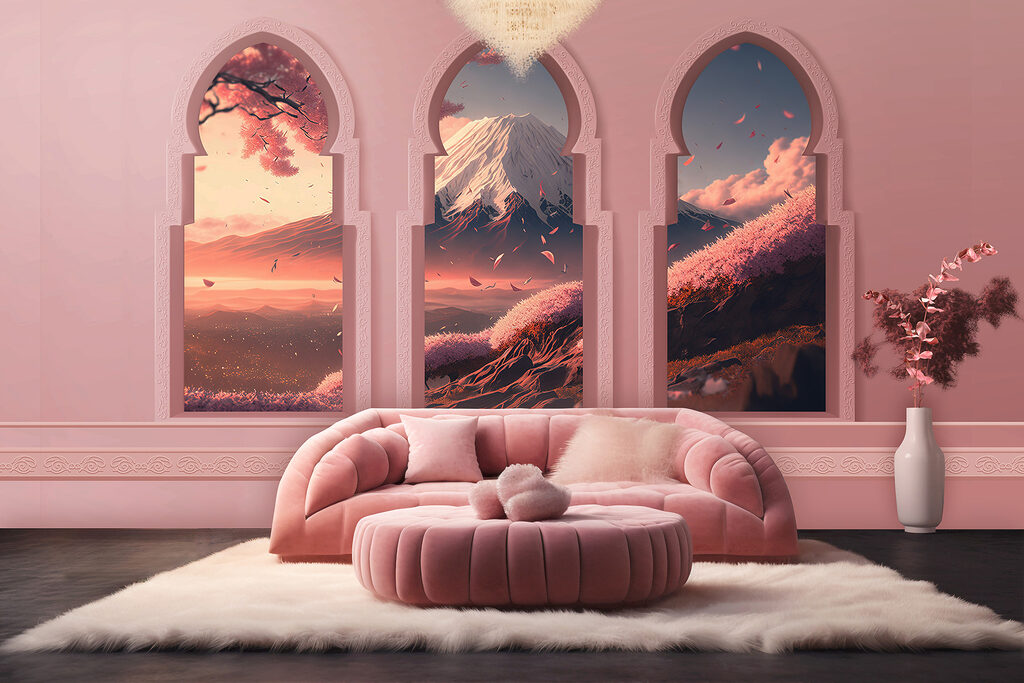 Three arched windows with a mountain view