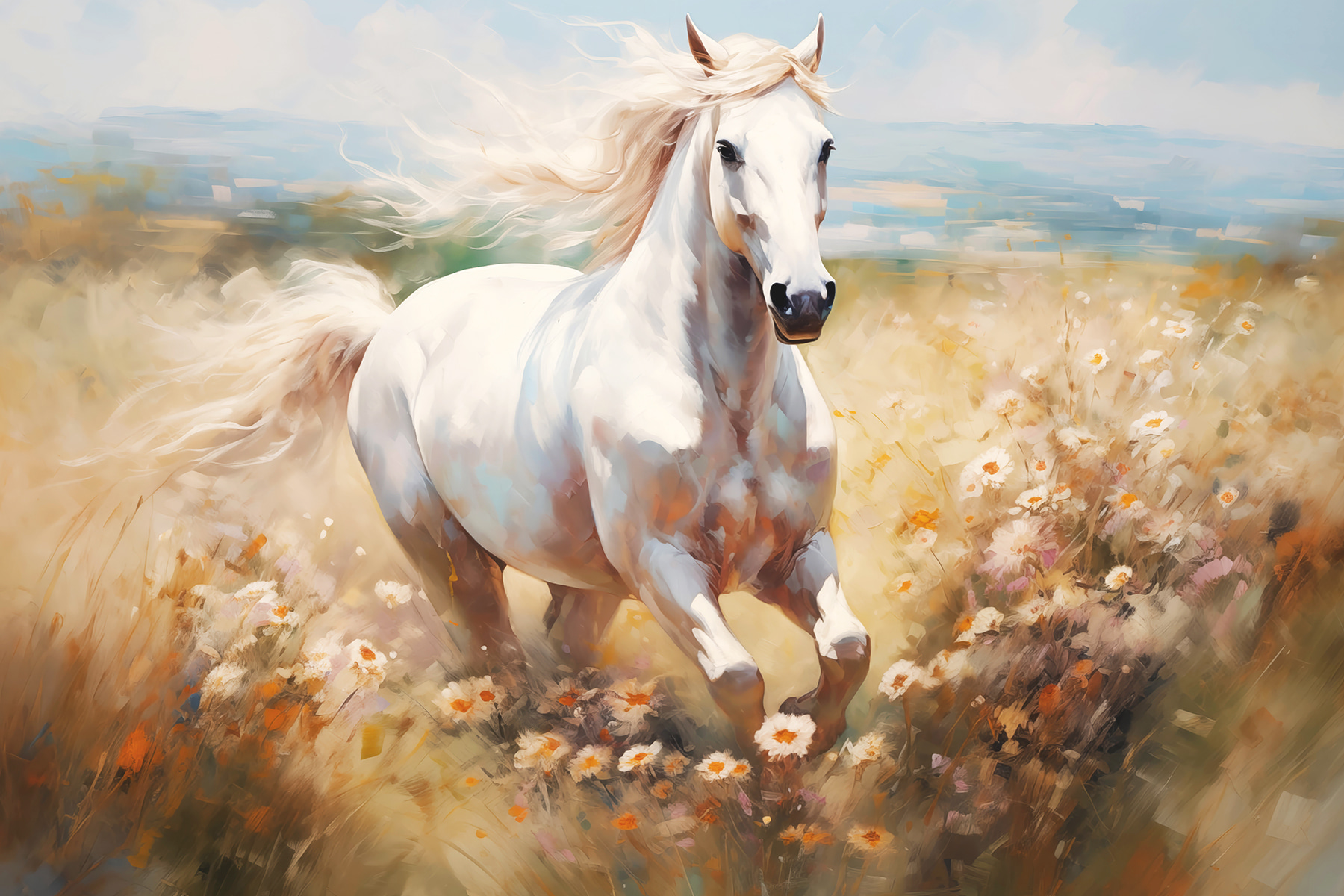 White horse running through a field of flowers White horse running through a field of flowers