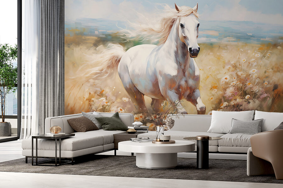 White horse running through a field of flowers