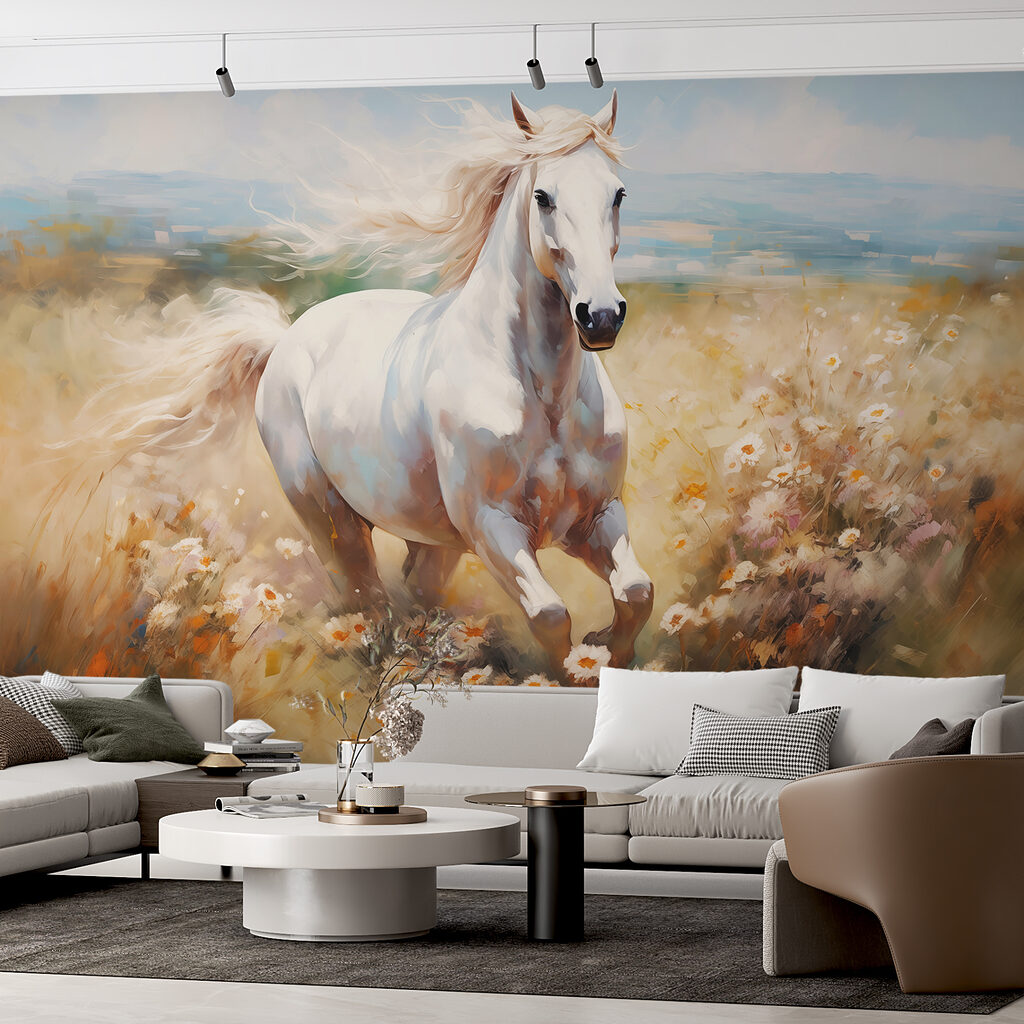 White horse running through a field of flowers White horse running through a field of flowers