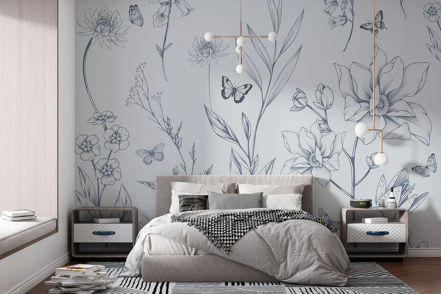 Wall murals Drawing of flowers and butterflies