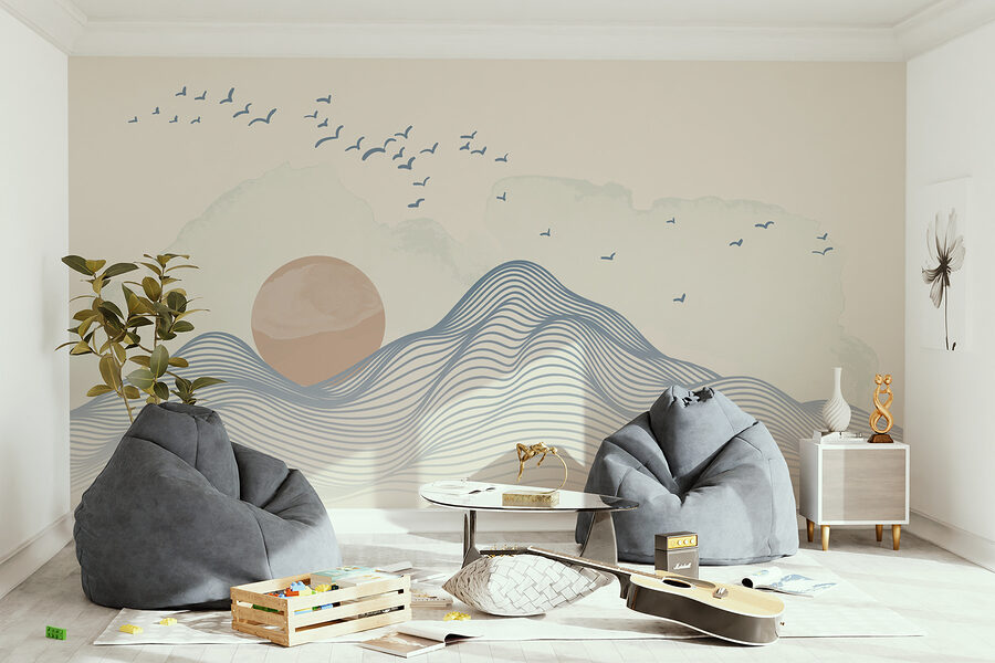 Sun and birds flying over a mountain