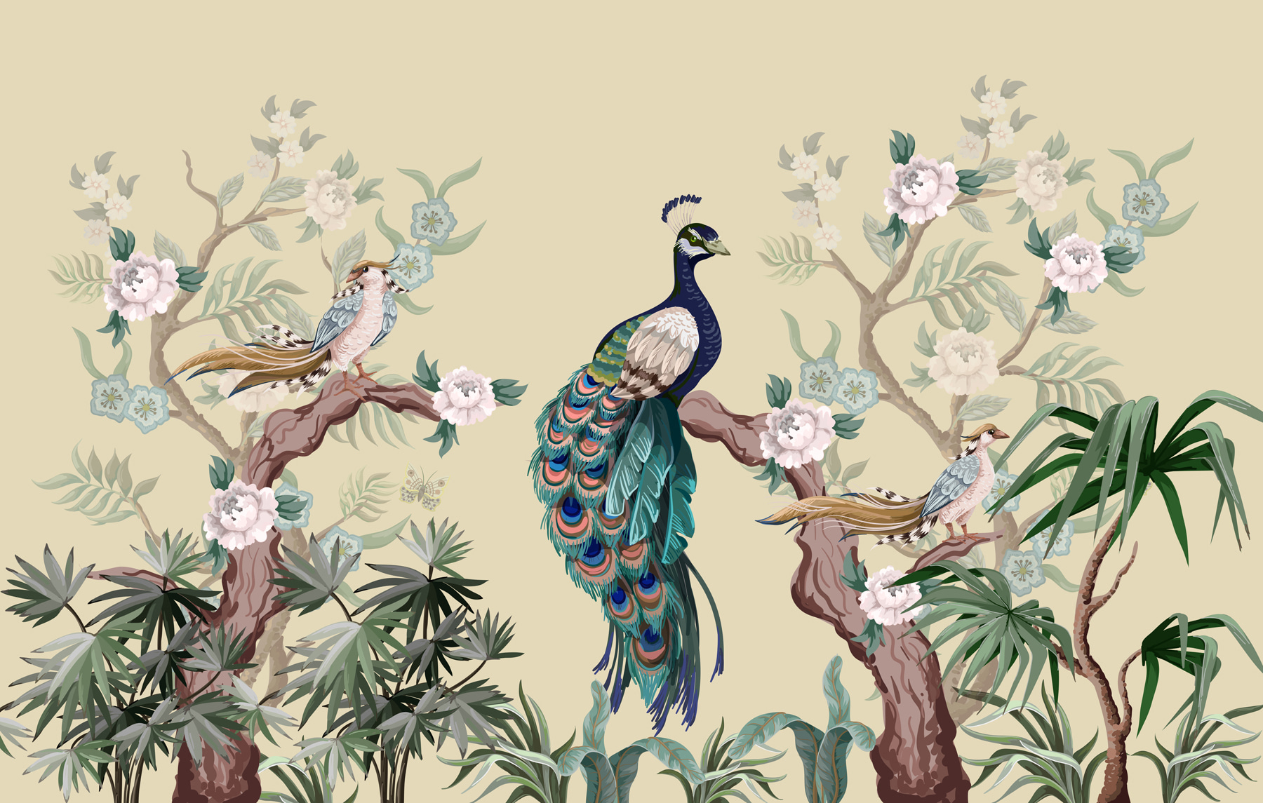Wallpaper with birds on branches