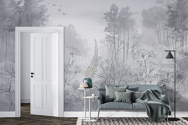 Greyscale image of a forest with birds flying Greyscale image of a forest with birds flying
