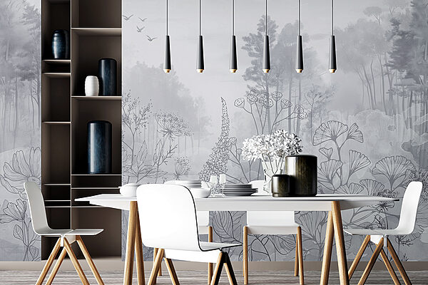 Greyscale image of a forest with birds flying Greyscale image of a forest with birds flying