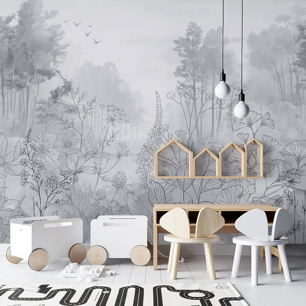 Greyscale image of a forest with birds flying Greyscale image of a forest with birds flying