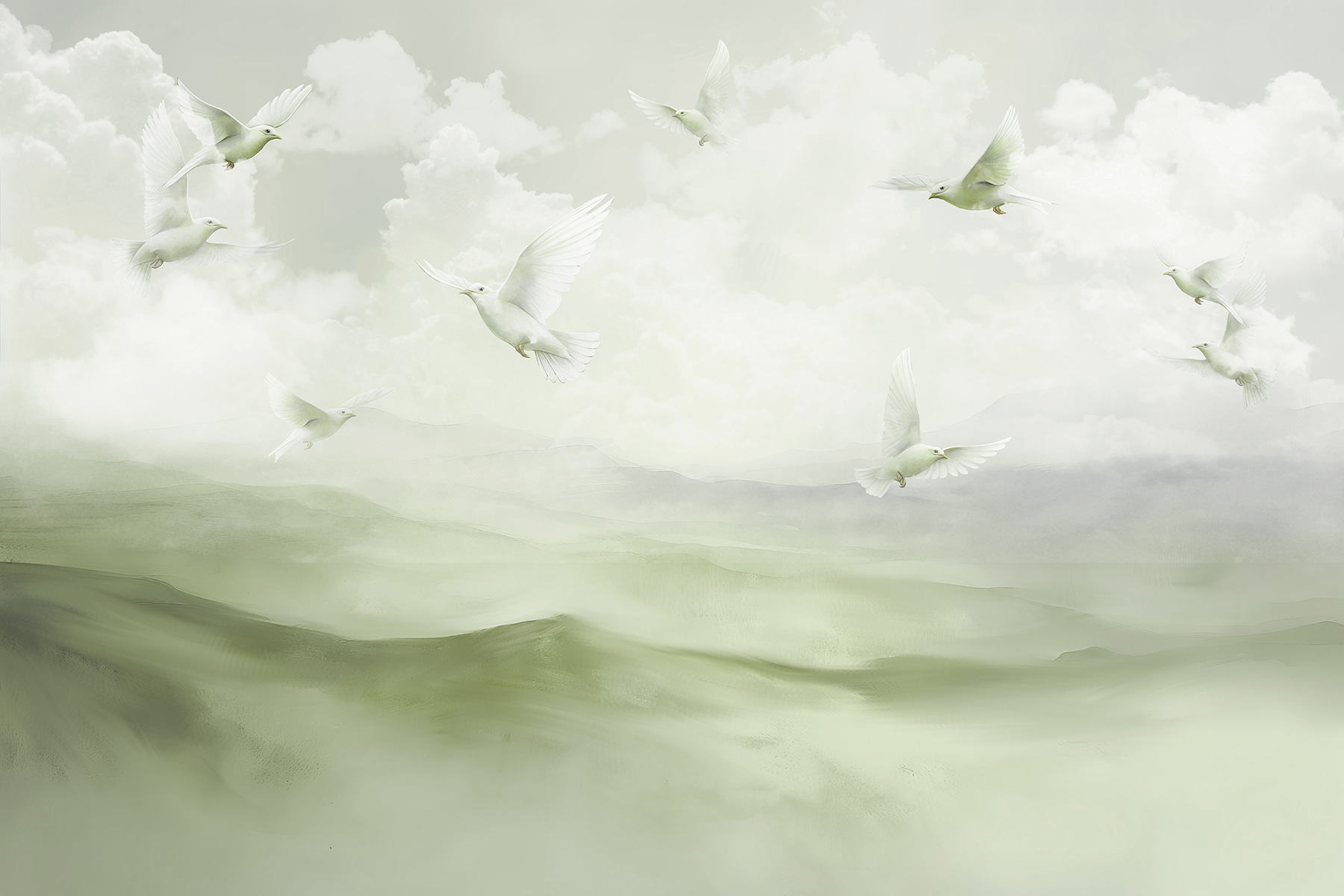 Group of white birds flying over a foggy landscape