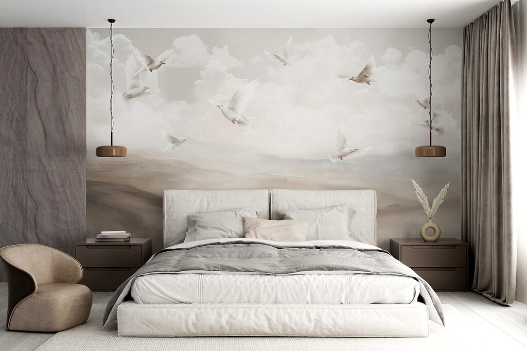 Group of white birds flying in the sky