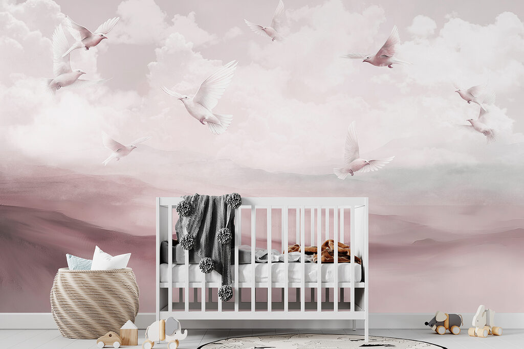 Group of white birds flying in the sky