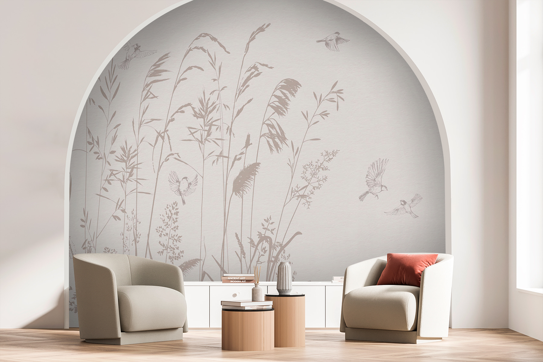 Birds flying over tall grass