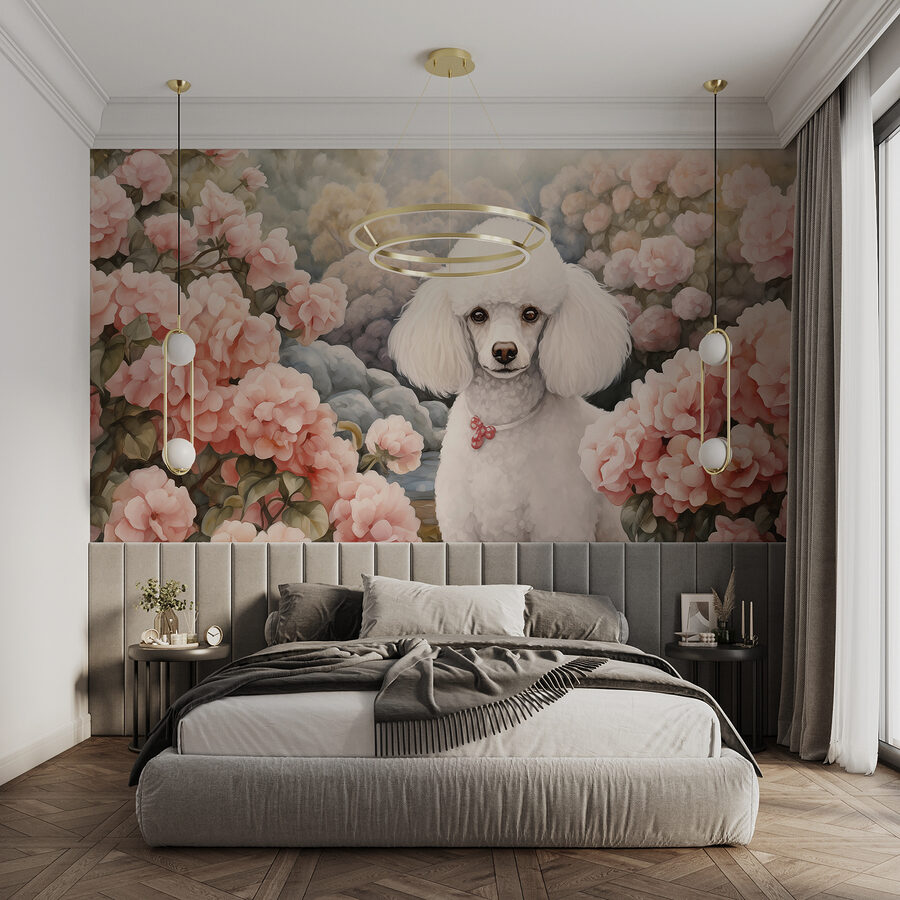 White dog in a garden of pink flowers