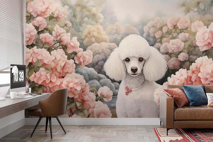 White dog in a garden of pink flowers