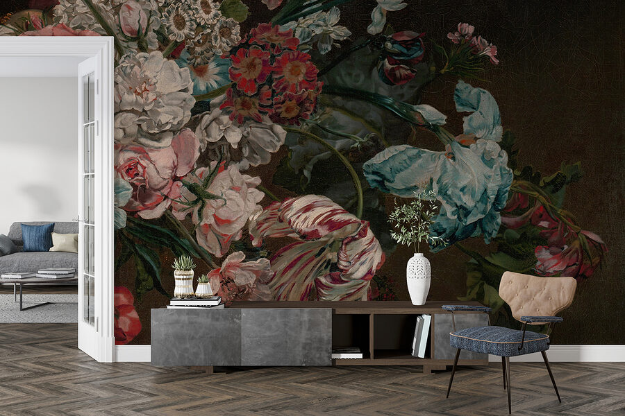 Painting of flowers on a dark background