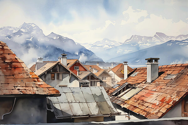 Group of houses with roofs and mountains in the background Group of houses with roofs and mountains in the background