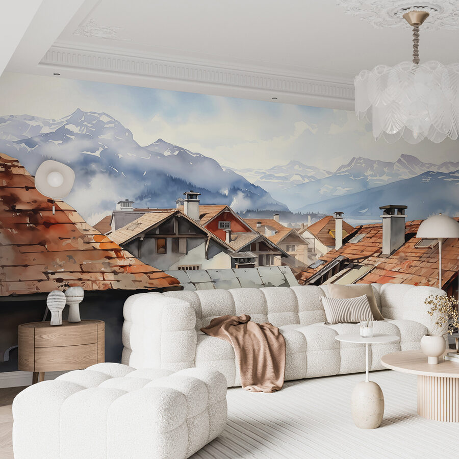Group of houses with roofs and mountains in the background Group of houses with roofs and mountains in the background