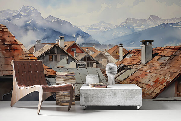 Group of houses with roofs and mountains in the background Group of houses with roofs and mountains in the background