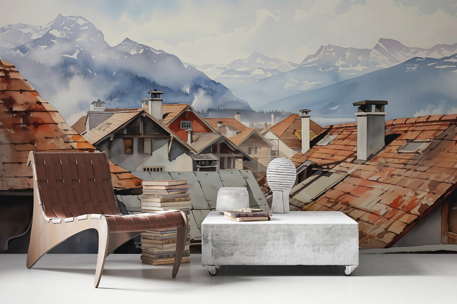 Group of houses with roofs and mountains in the background Group of houses with roofs and mountains in the background