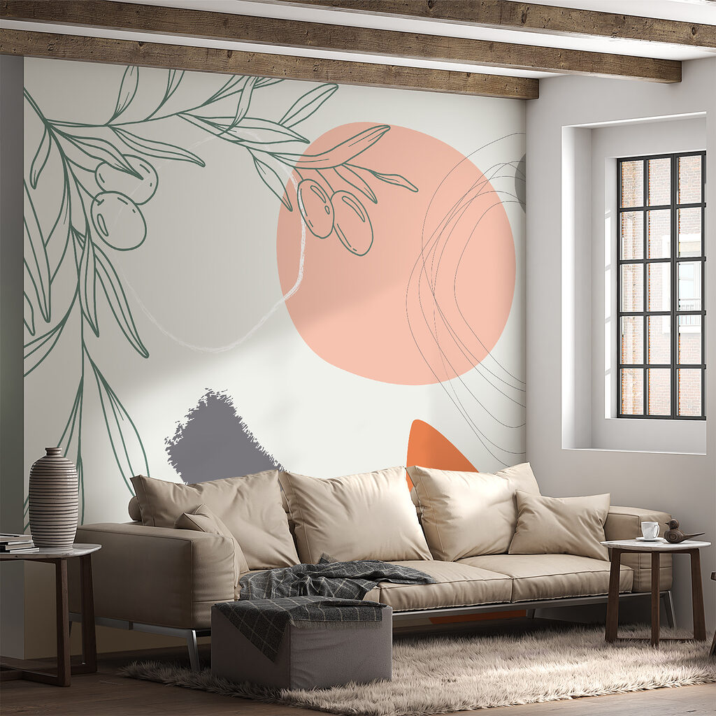 Graphic design of a branch with olives and circles