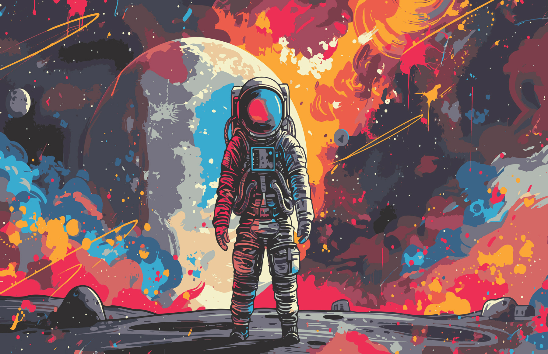 Astronaut in space with a large red and orange space behind him Astronaut in space with a large red and orange space behind him
