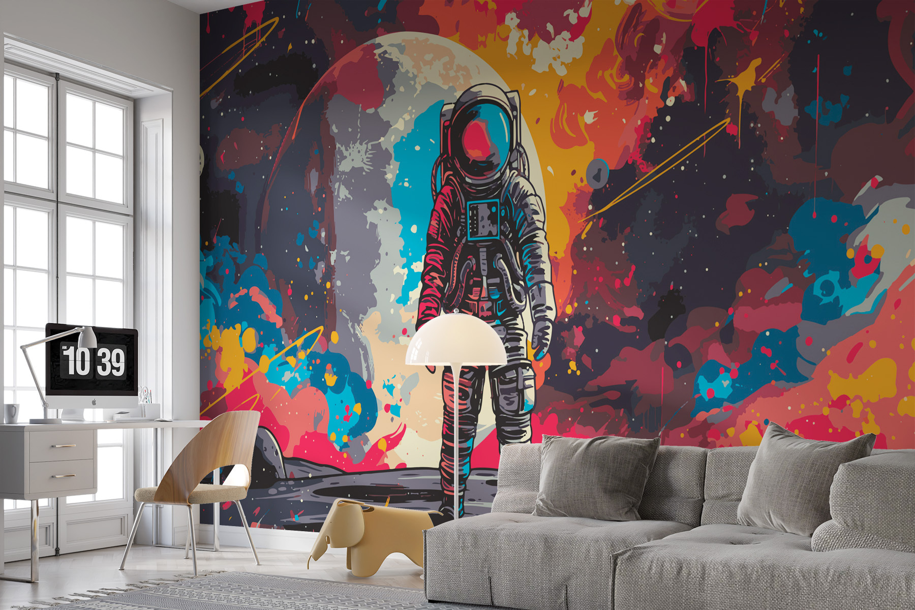 Astronaut in space with a large red and orange space behind him Astronaut in space with a large red and orange space behind him