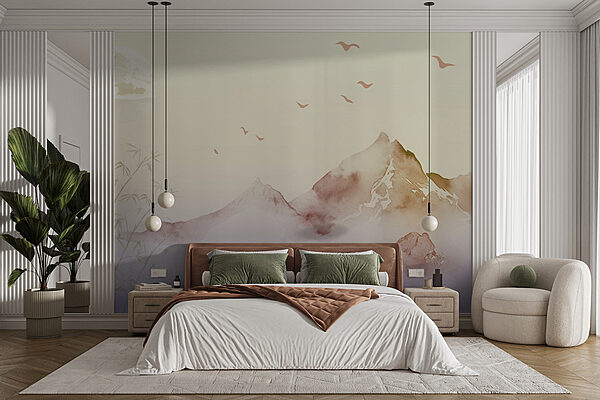 Painting of mountains and birds Painting of mountains and birds