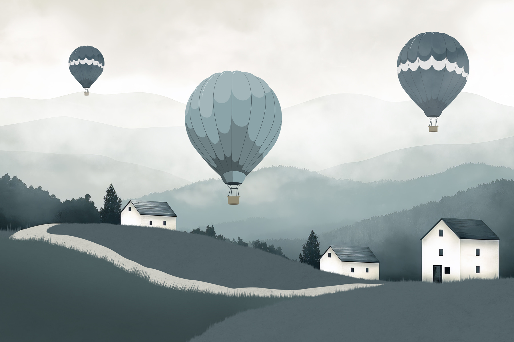 Group of hot air balloons flying over a village Group of hot air balloons flying over a village