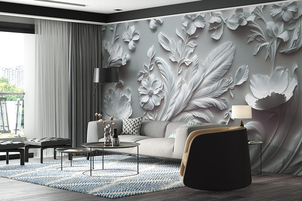 White wall with flowers and leaves