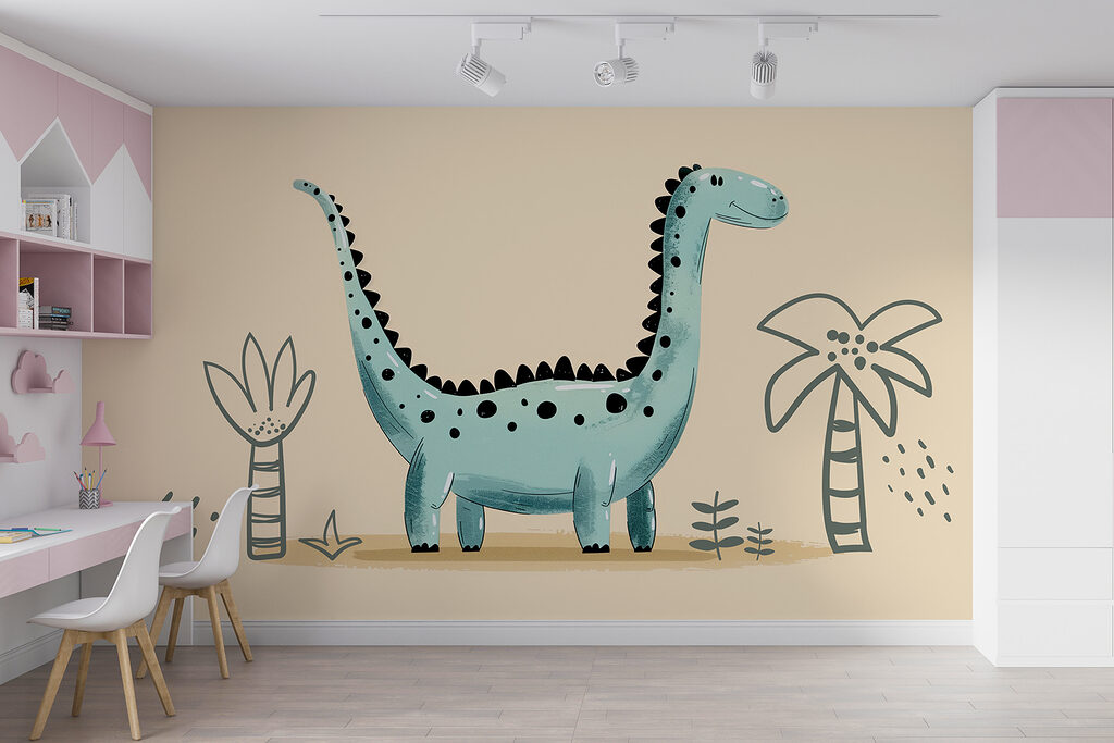 Cartoon dinosaur with plants and leaves