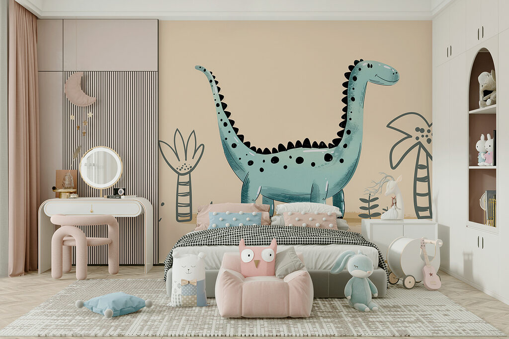 Cartoon dinosaur with plants and leaves