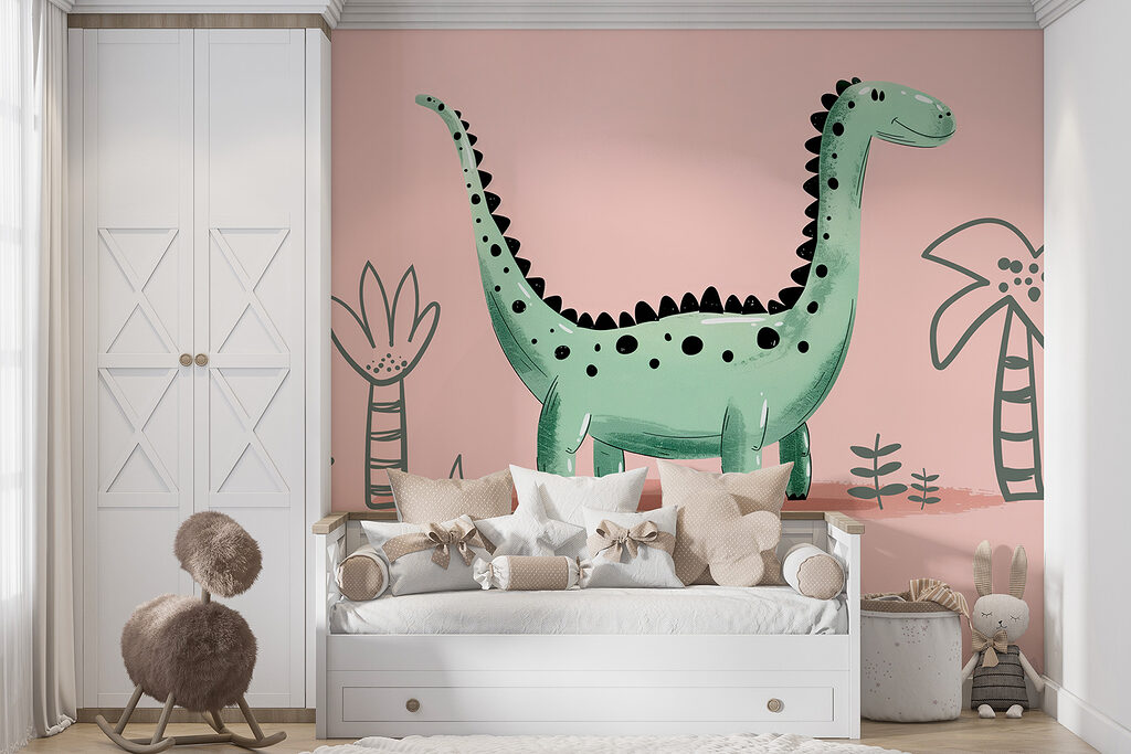Cartoon dinosaur with plants and leaves