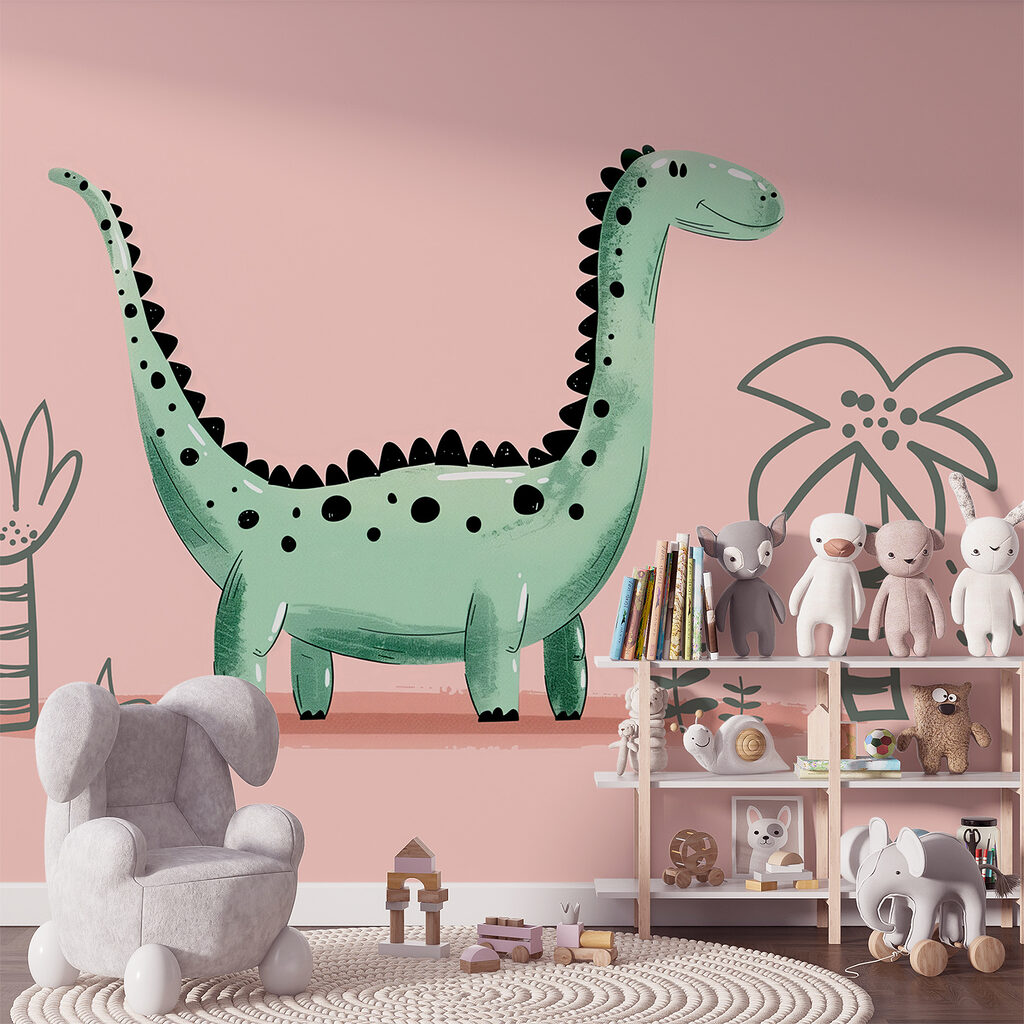 Cartoon dinosaur with plants and leaves