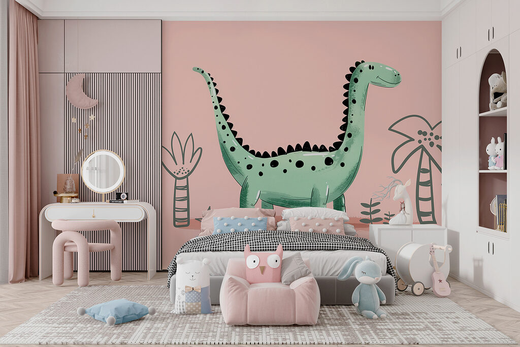 Cartoon dinosaur with plants and leaves