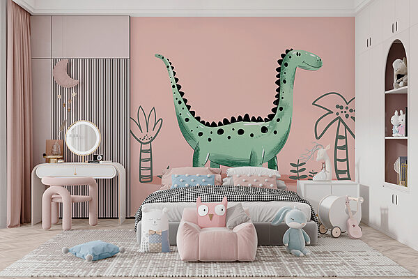 Cartoon dinosaur with plants and leaves