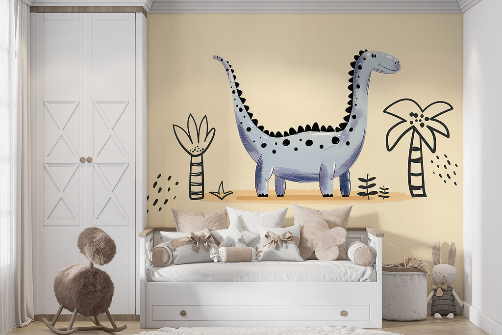 Cartoon dinosaur with plants and flowers