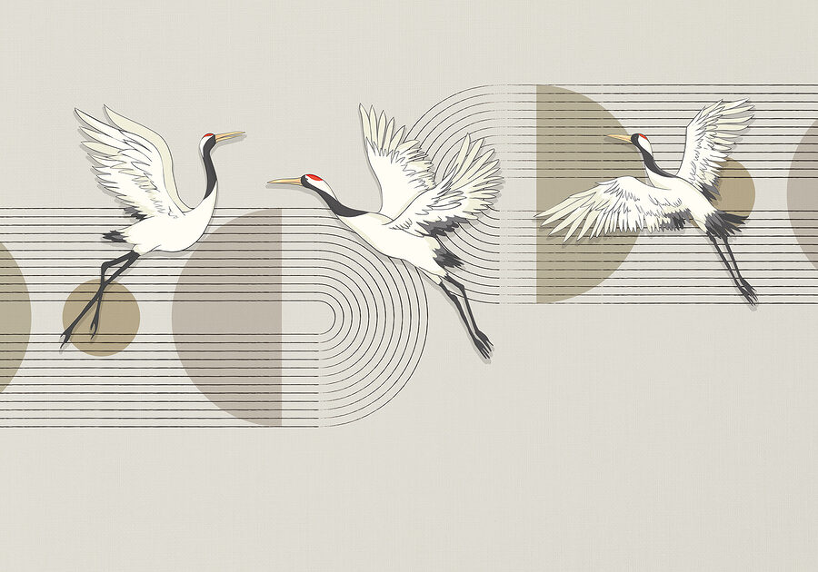 Group of birds flying over music notes
