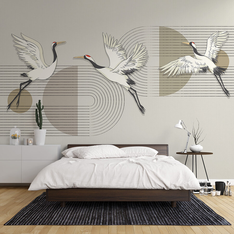 Group of birds flying over music notes