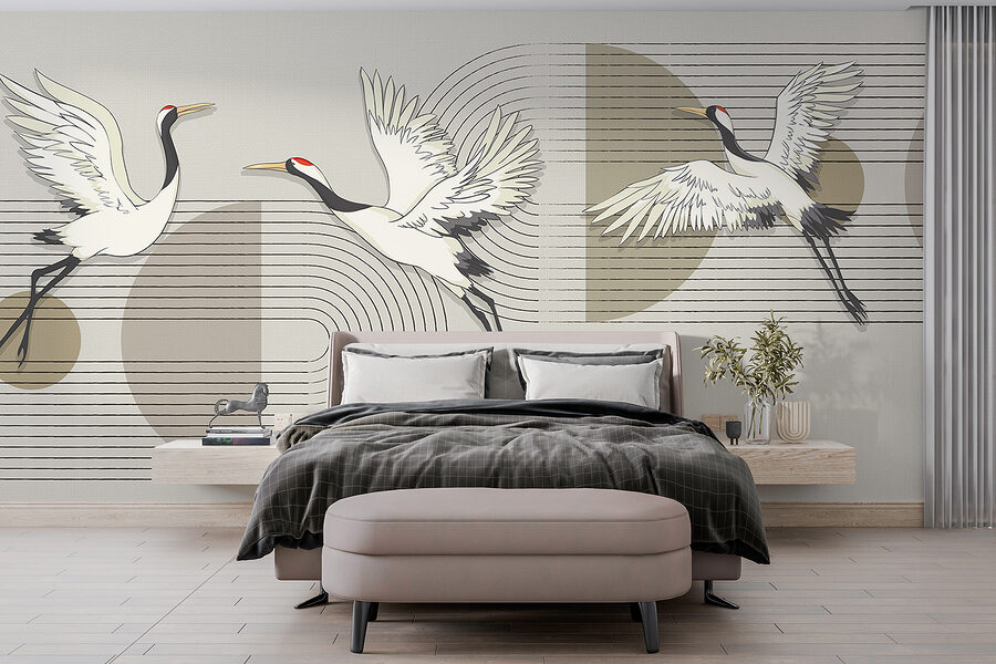 Group of birds flying over music notes