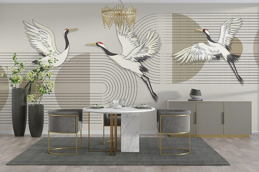 Group of birds flying over music notes